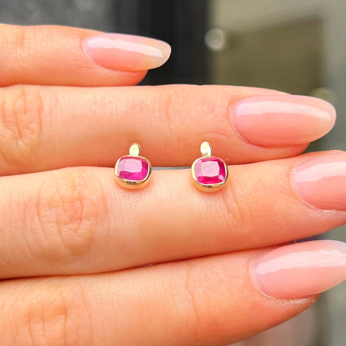 Dainty 9ct Yellow Gold Pink Ruby Square Stud Earrings