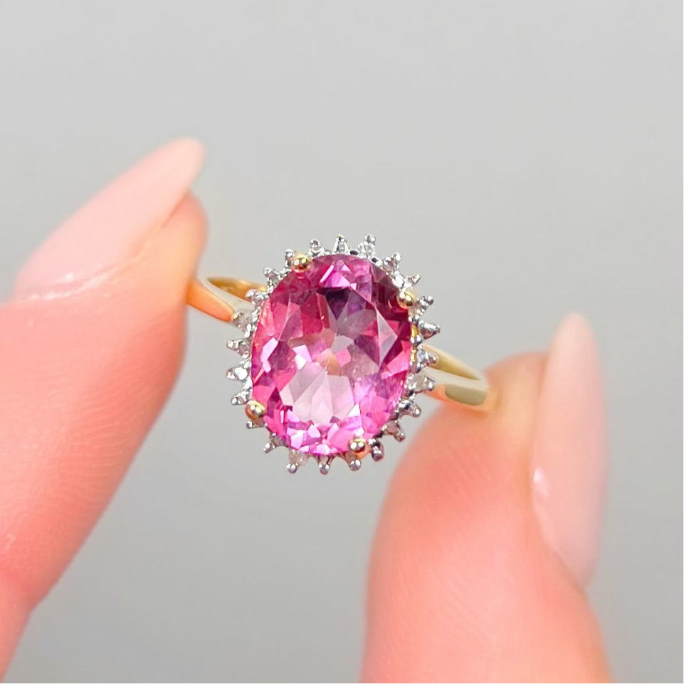 Vintage 9ct Yellow Gold Pink Topaz and Diamond Halo Dress Ring - Size J ½