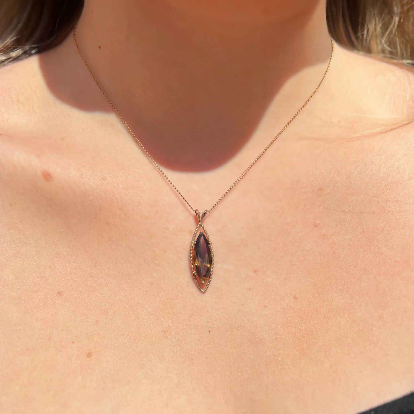 Vintage 9ct Yellow Gold Smoky Topaz Navette Shaped Necklace