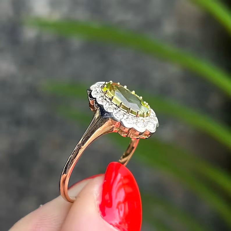 Edwardian Reproduction 9ct Yellow Gold Oval Peridot and Diamond Ring - Size O 1/2