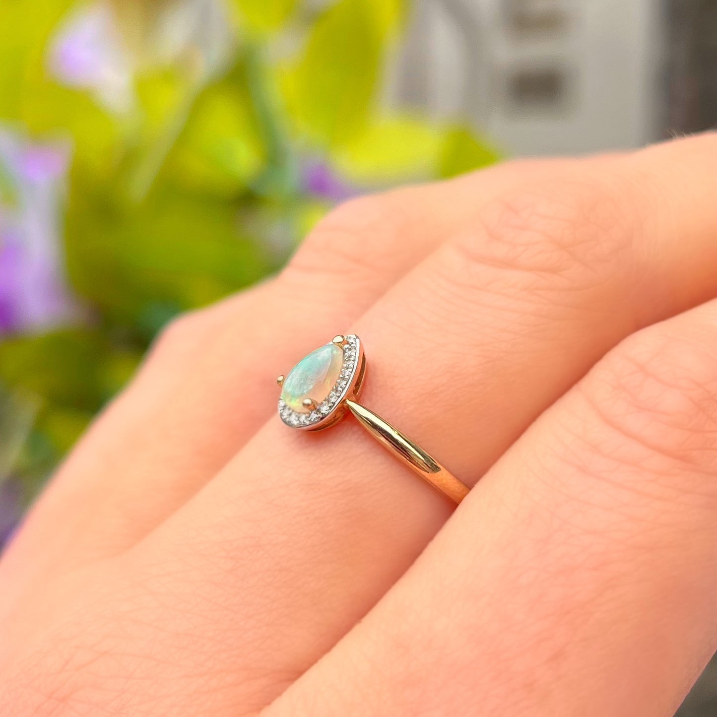 Dainty Sweet 9ct Yellow Gold Opal and Diamond Pear Shaped Halo Ring - Size O