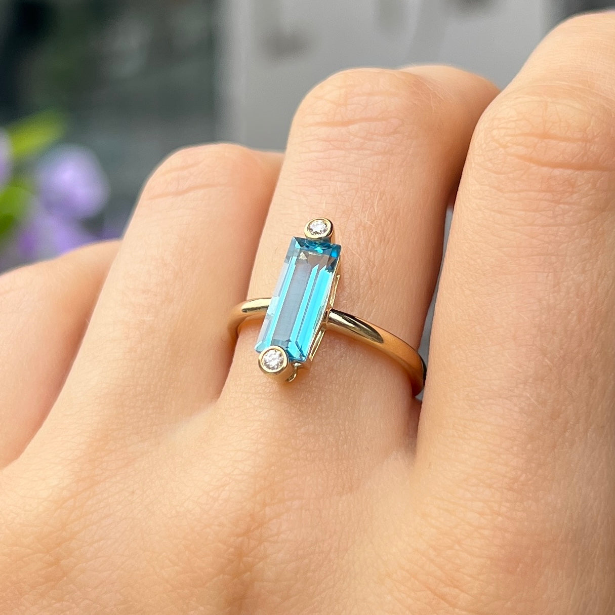 9ct Yellow Gold Baguette Cut Blue Topaz and Diamond Ring - Size N