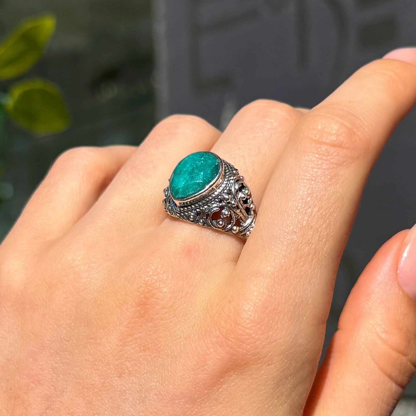 Green Emerald Sterling Silver Boho Ring