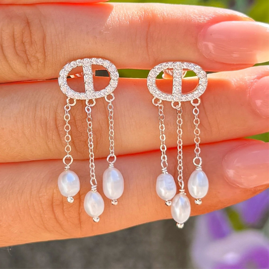 Freshwater Pearl & Cubic Zirconia Halo Sterling Silver Stud Earrings