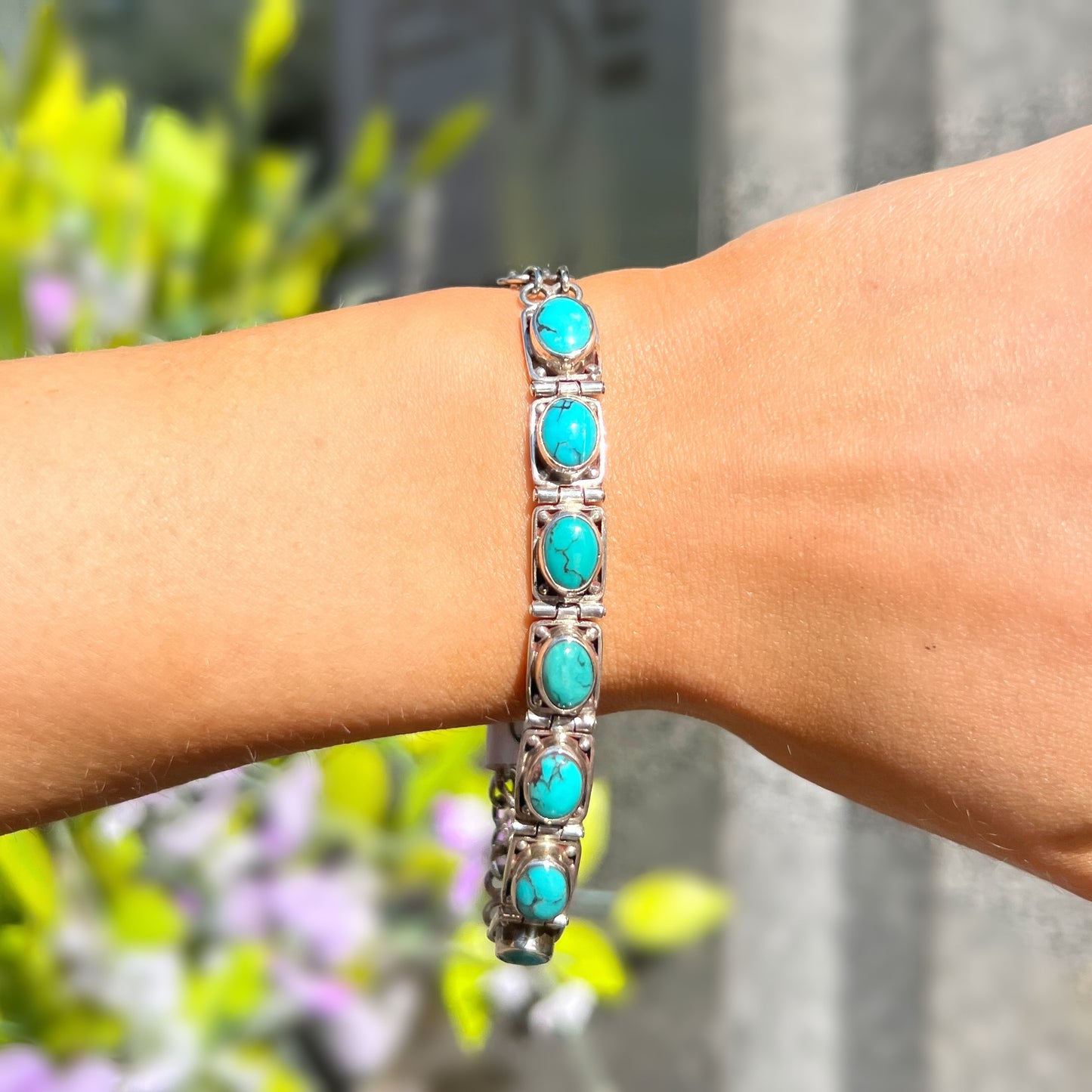 Blue Oval Cut Turquoise Sterling Silver Bracelet