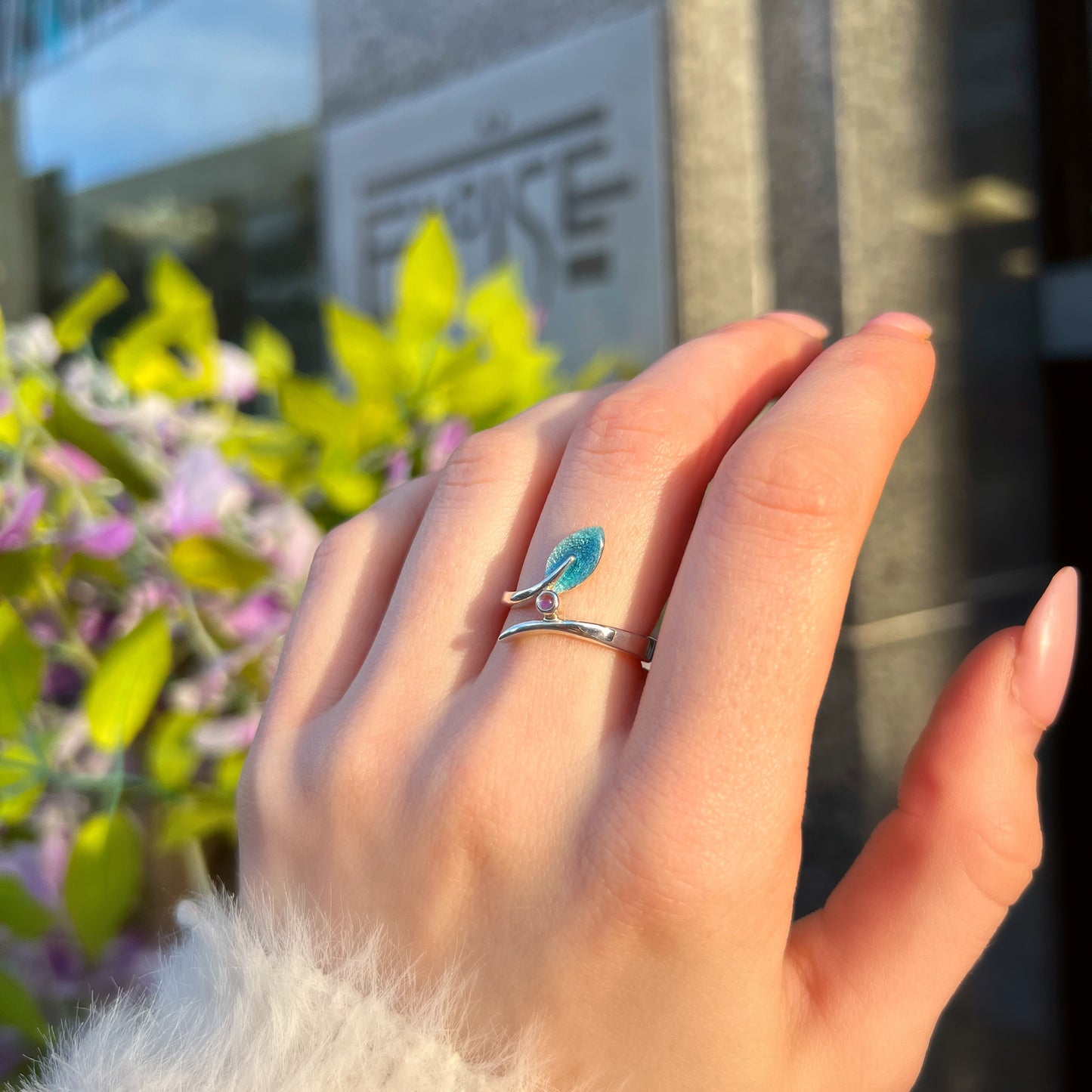 Sterling Silver Sheila Fleet Rowan Sage Enamel Leaf Cubic Zirconia Ring - Size L ½