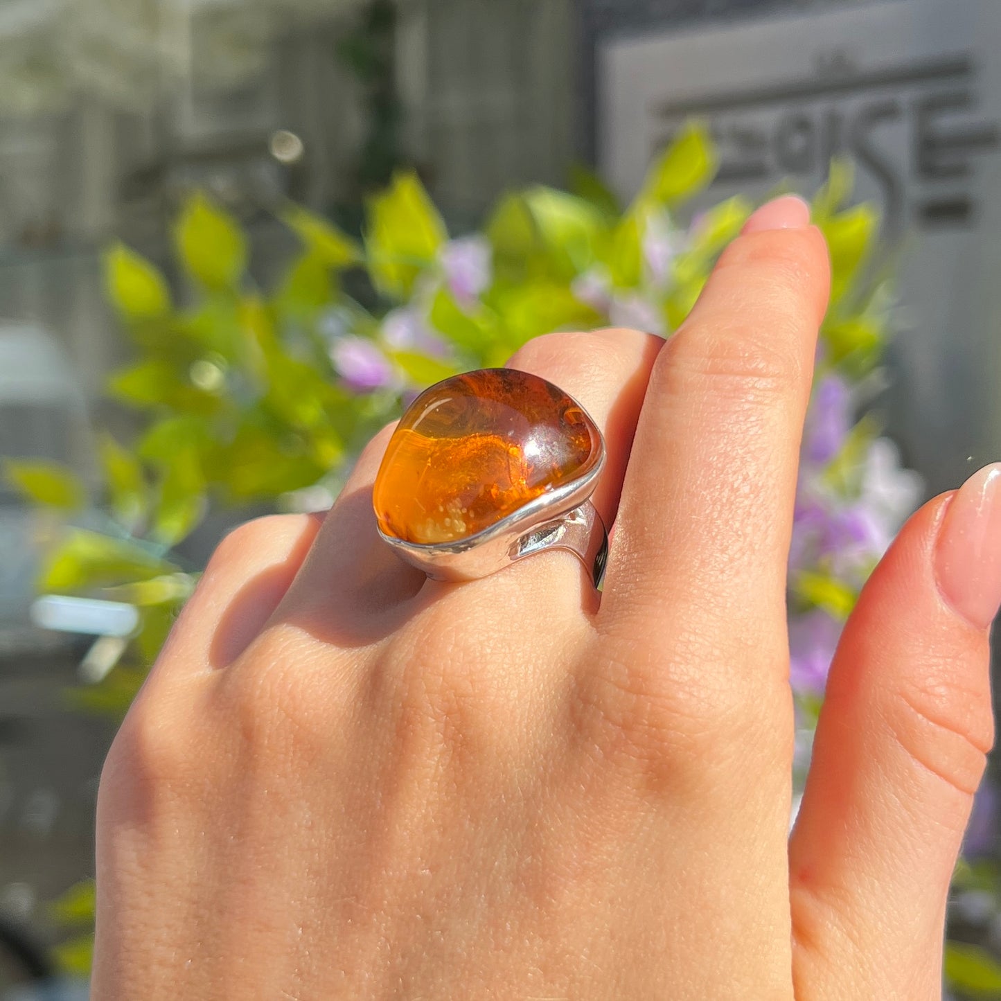 Super Chunky Sterling Silver Orange Amber Ring - Adjustable Size