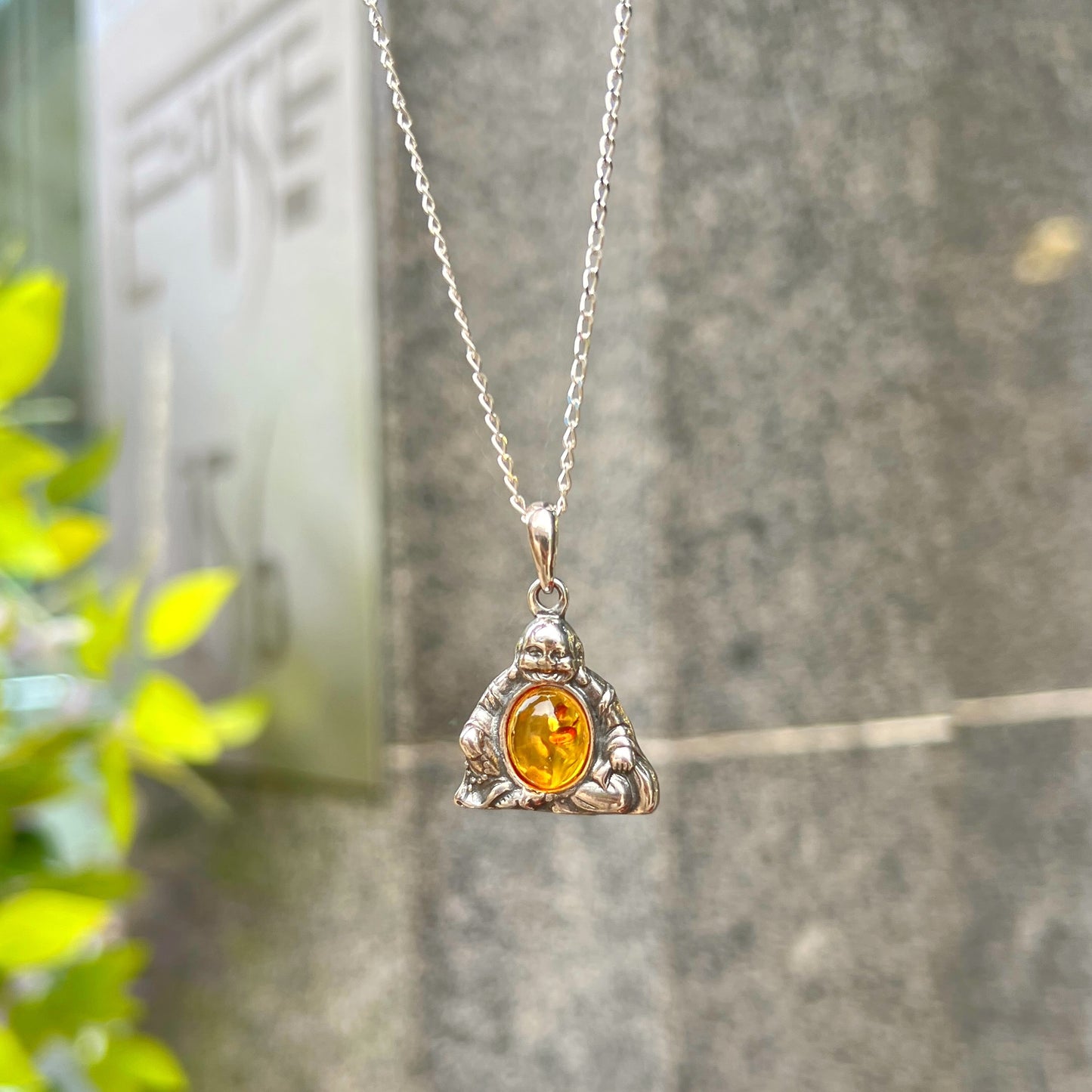 Sterling Silver Orange Amber Buddha Necklace