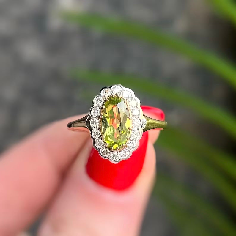 Edwardian Reproduction 9ct Yellow Gold Oval Peridot and Diamond Ring - Size O 1/2