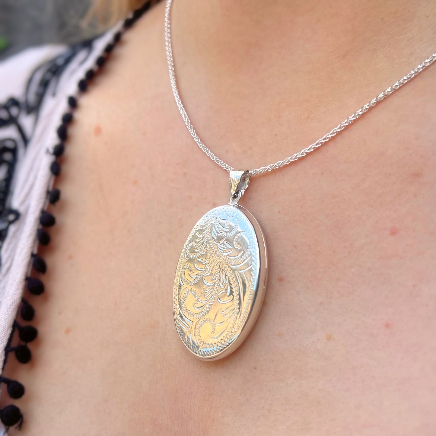 Large Sterling Silver Single-Sided Engraved Oval Locket
