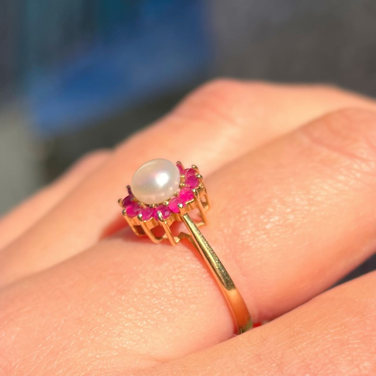 RARE Vintage 14K Gold Ruby and Pearl Cluster Ring - Size O ½