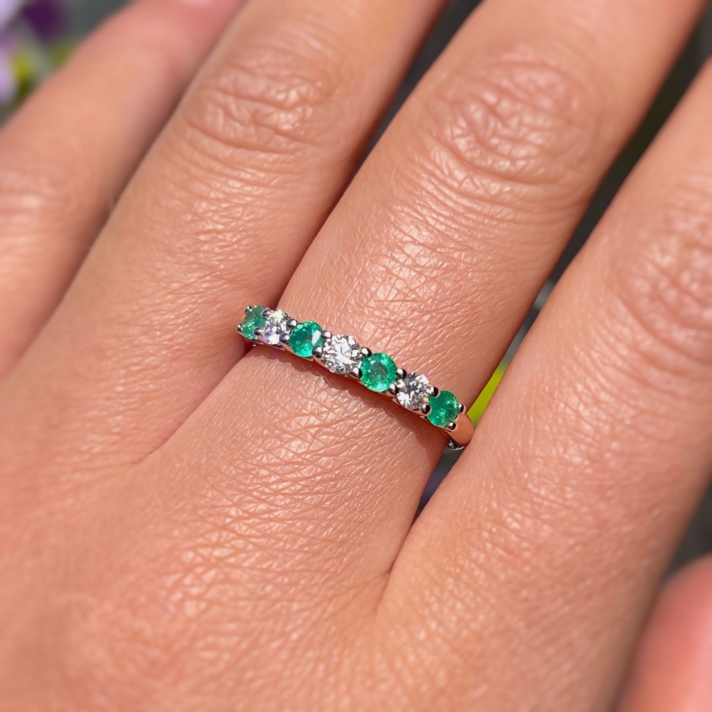 9ct Yellow Gold Green Emerald and Diamond Dainty Eternity Ring - Size O