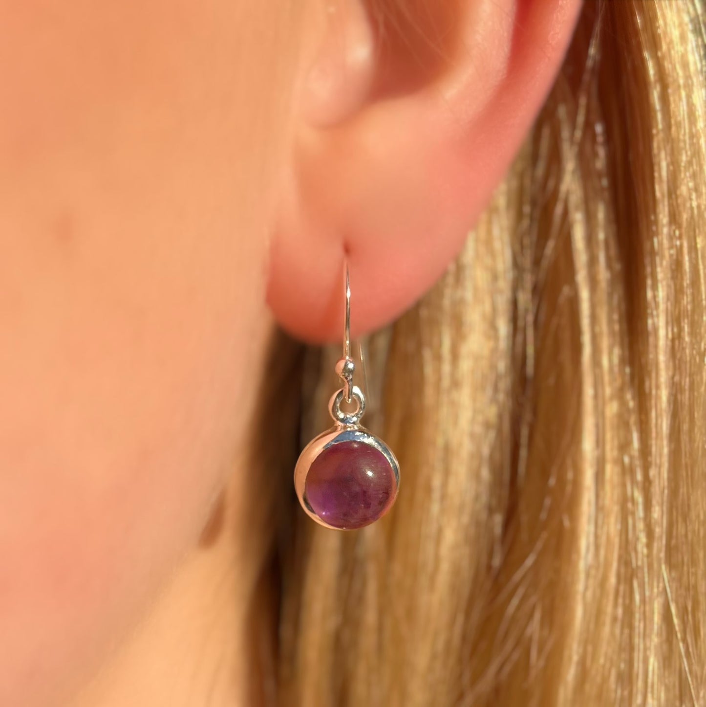 Dainty Sterling Silver Round Cabochon Drop Earrings
