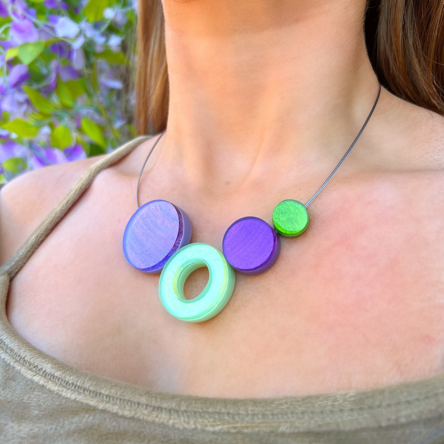 ‘Watch This Space’ Mint Green & Purple Circle Necklace
