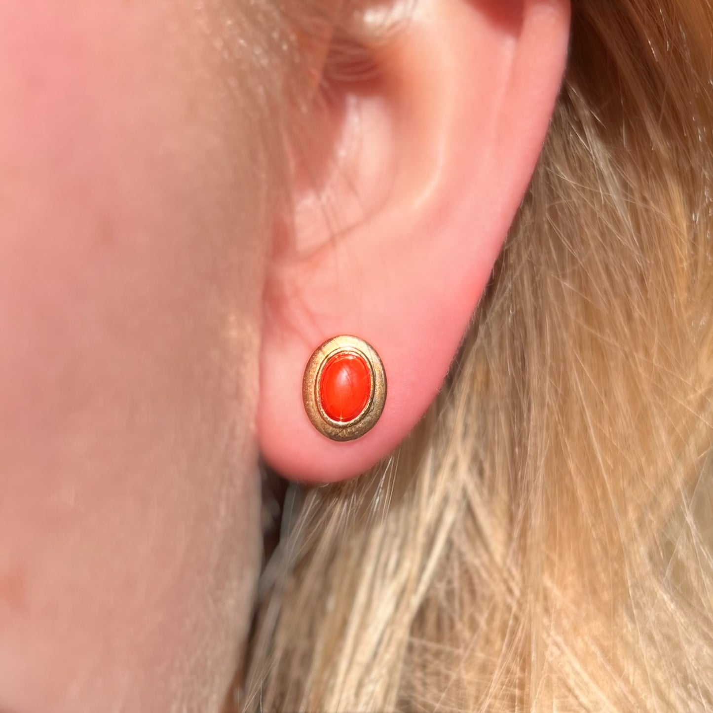 Rare 9ct Yellow Gold Oval Coral Stud Earrings