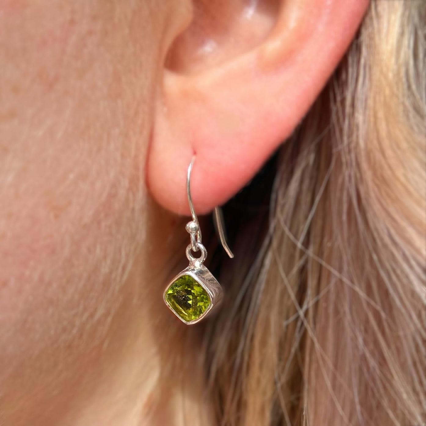 Sterling SIlver Cushion Cut Peridot Drop Earrings