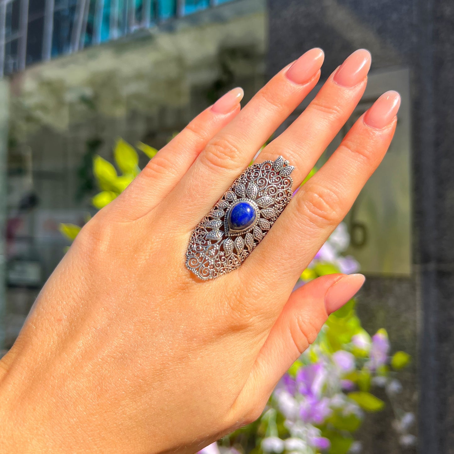 XL Chunky Sterling Silver Boho Blue Lapis Lazuli Ring - Size O