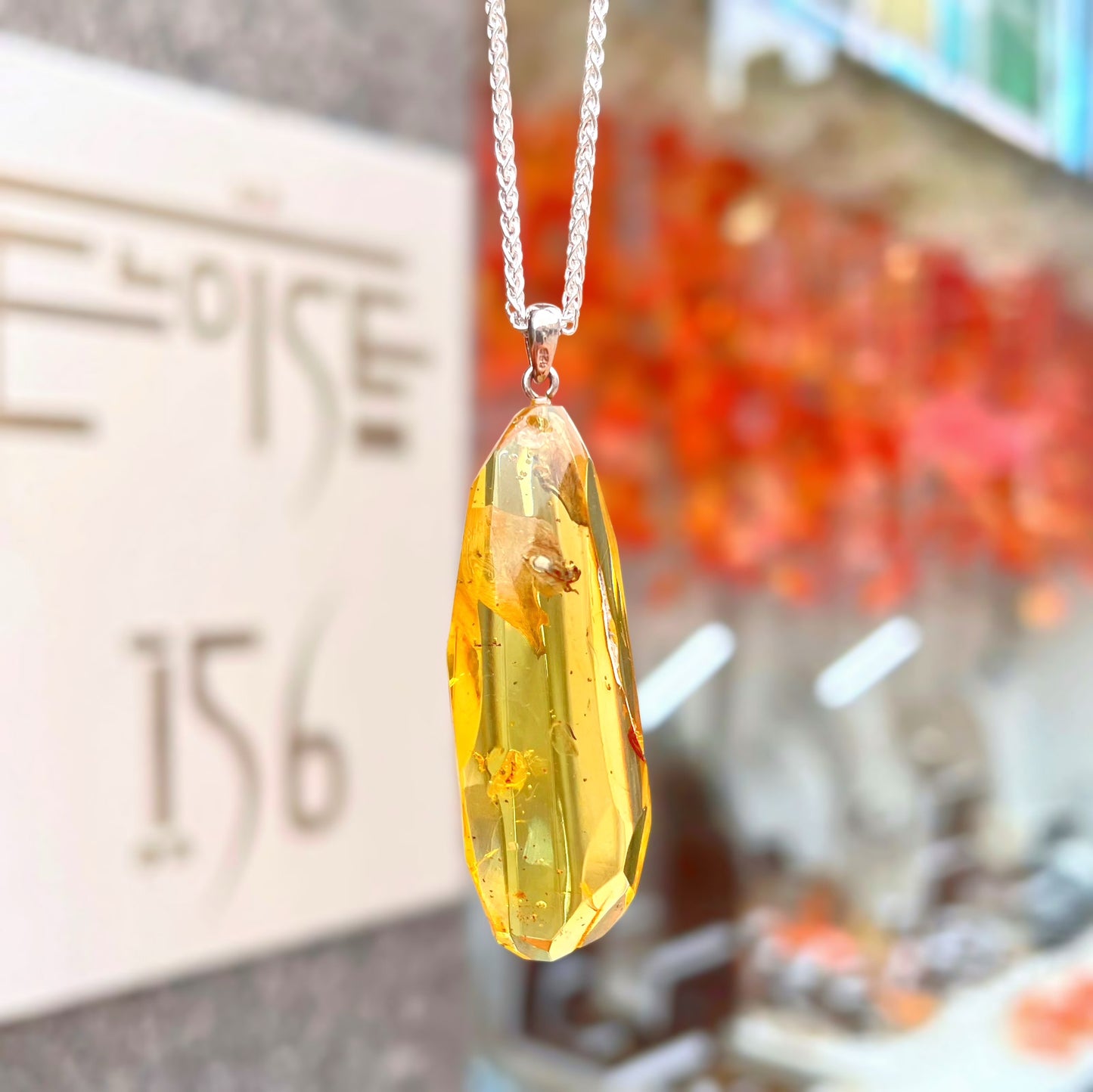 Rare Sterling Silver Fossilised Prehistoric ‘Ghost Fly’ Orange Amber Pendant