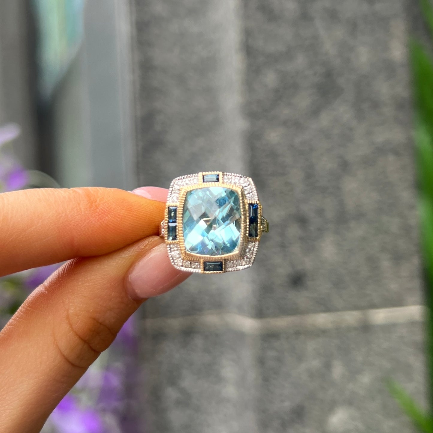 18ct Yellow Gold Blue Topaz, Sapphire and Diamond Ring - Size N