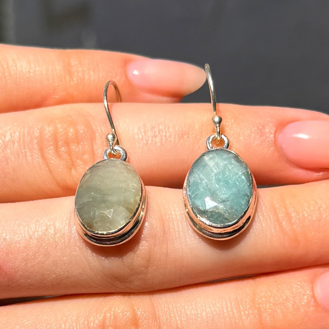 Naturally Varied Oval Cut Green Emerald Sterling Silver Drop Earrings