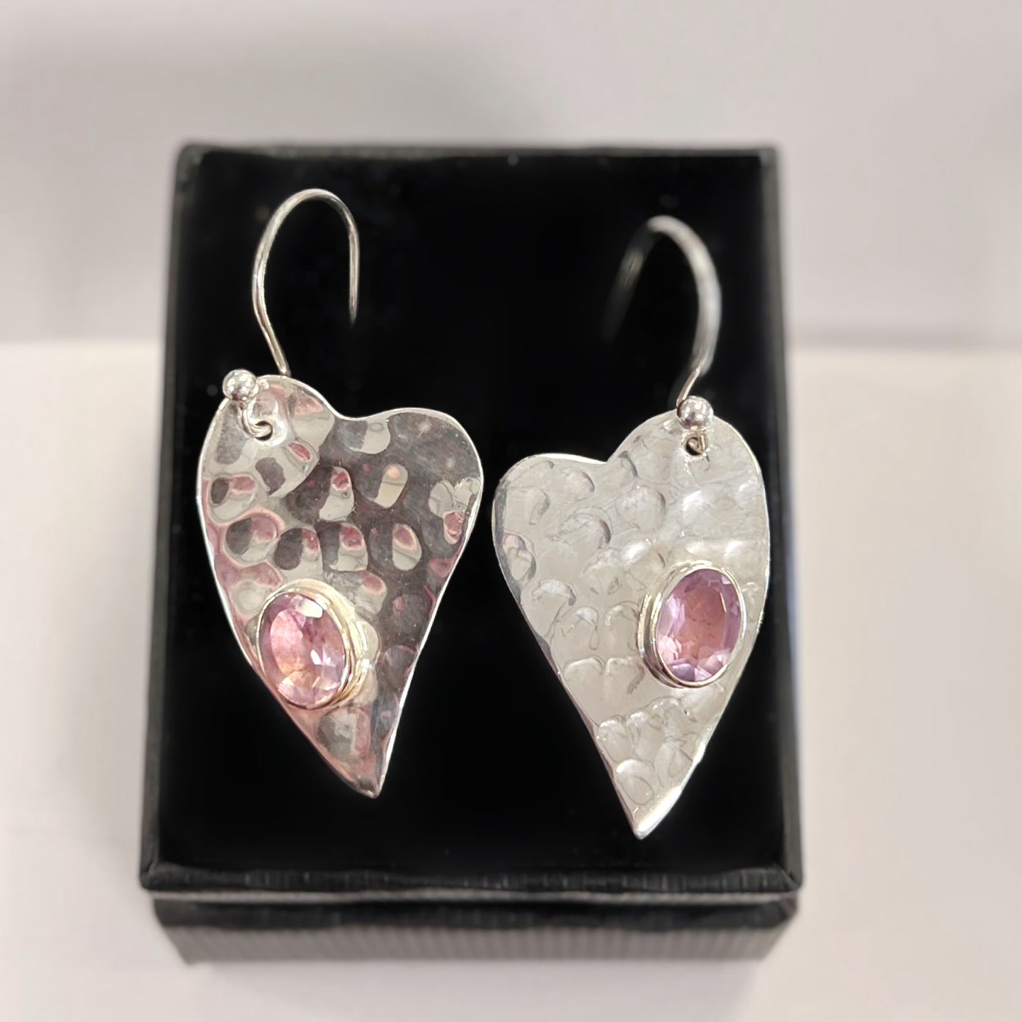 Sterling Silver Amethyst Hammered Heart Drop Earrings