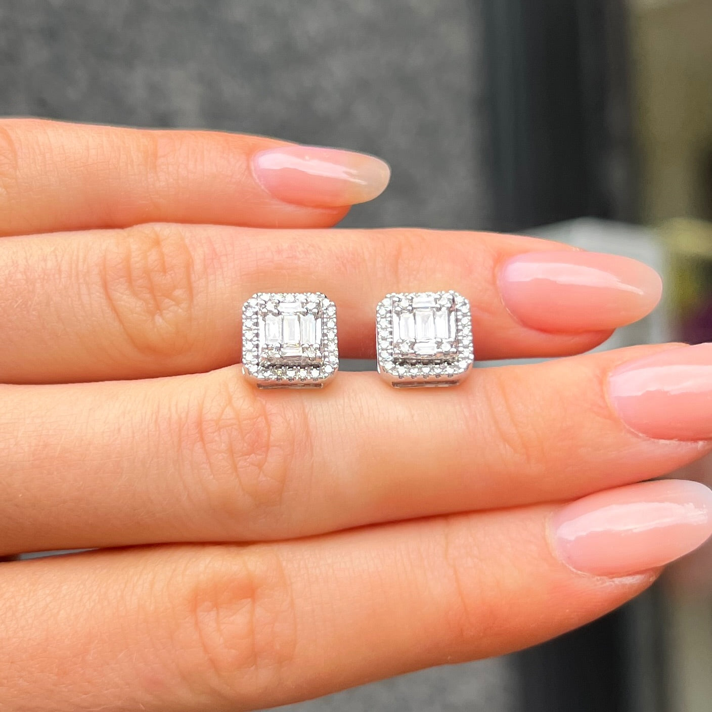 9ct White Gold Square Diamond Stud Earrings