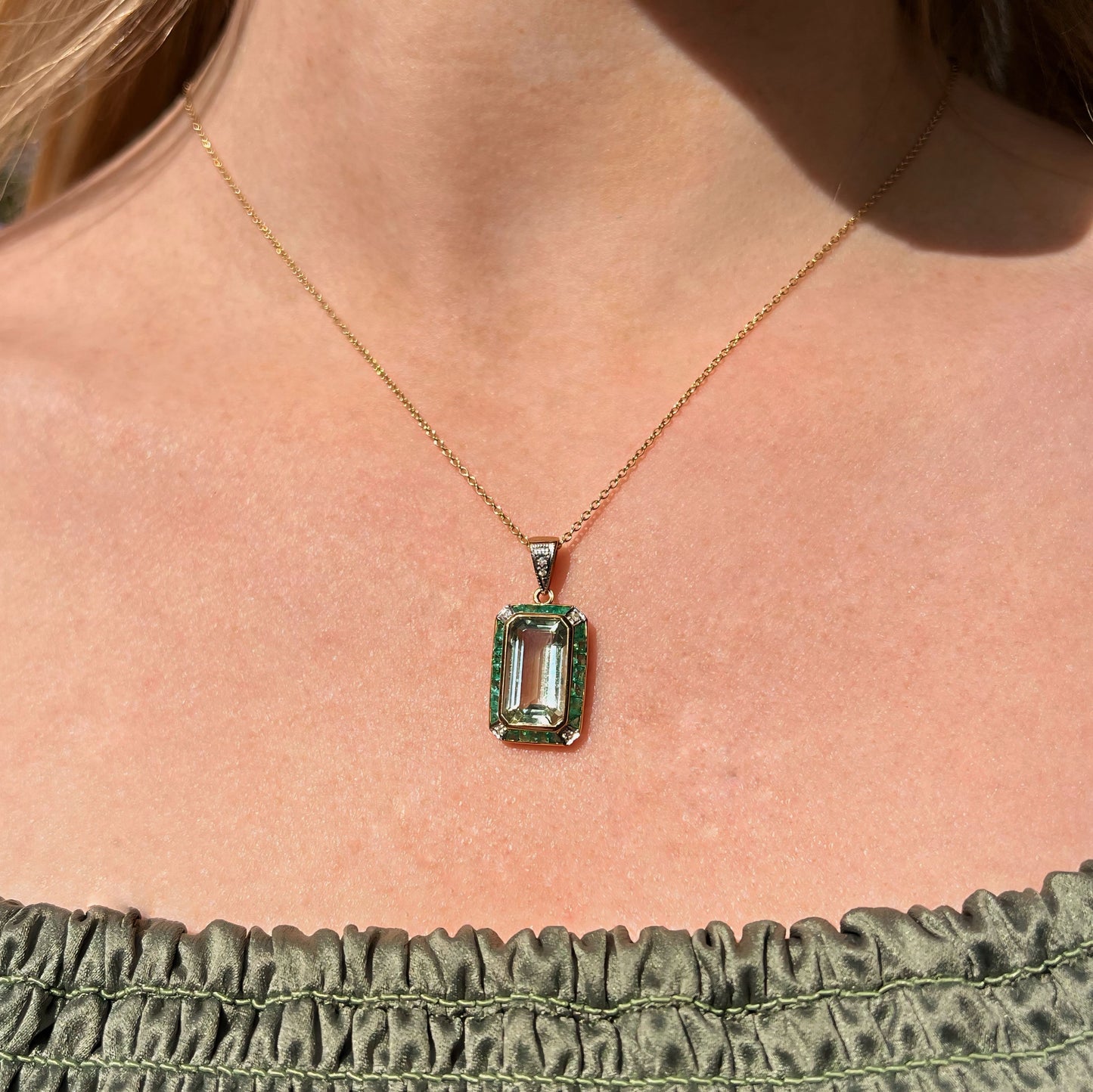 Art Deco Inspired 9ct Yellow Gold Green Amethyst and Emerald Necklace
