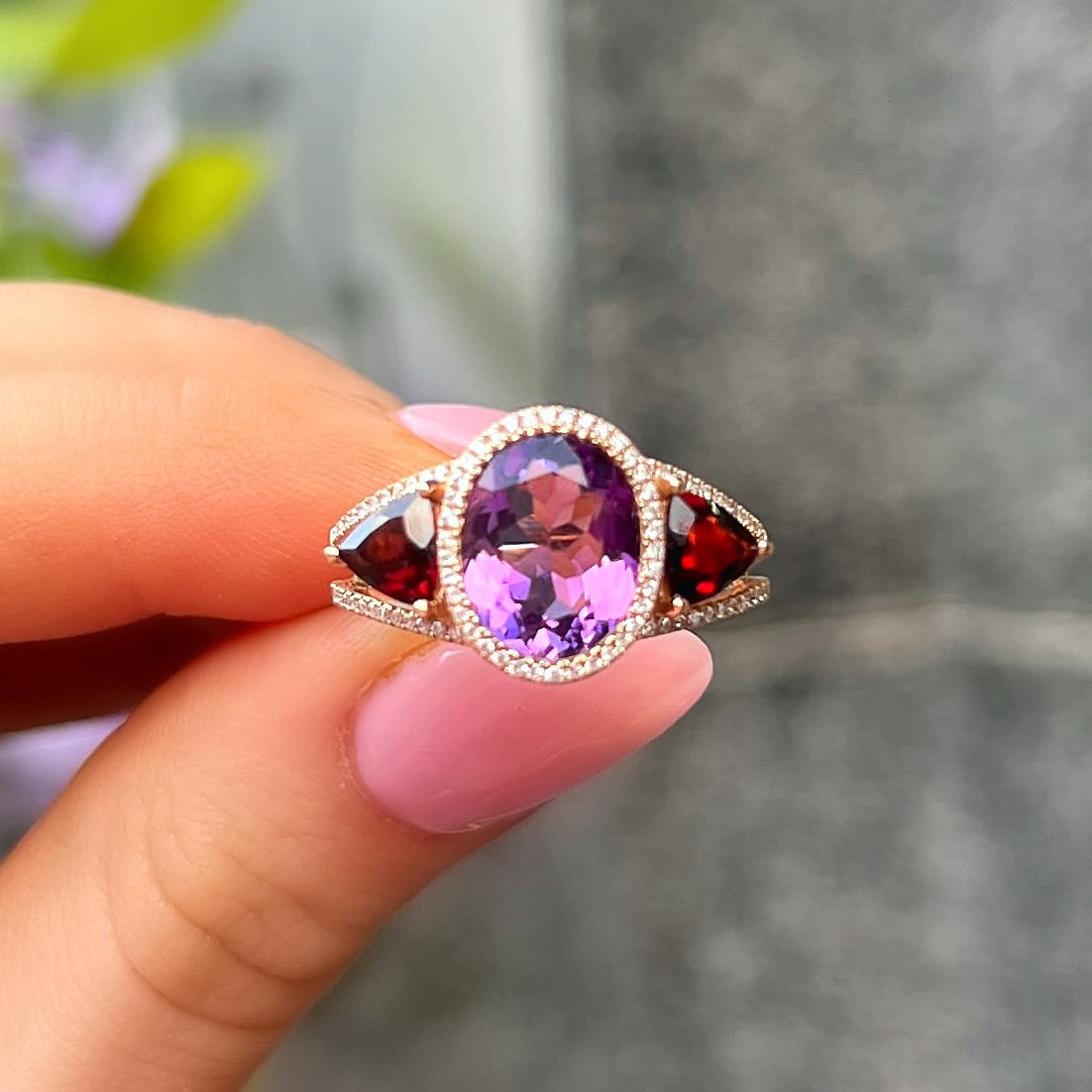 18ct Rose Gold Purple Amethyst, Red Garnet and Diamond Ring - Size M