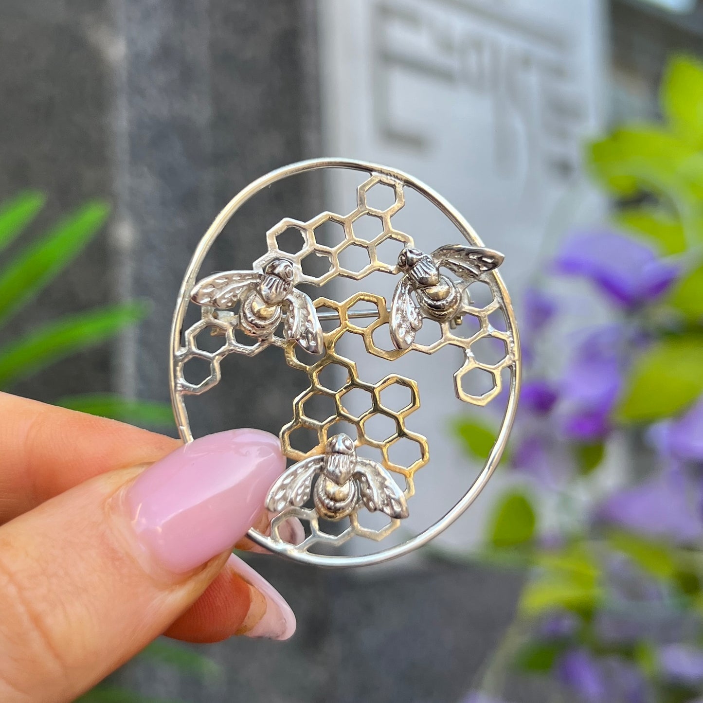Paula Bolton Honeycomb Bee Design Sterling Silver Gold Plated Brooch
