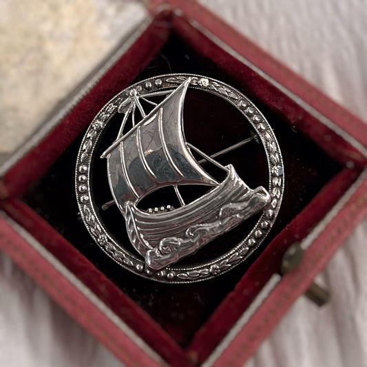 Vintage Sterling Silver Norse Longship and Floral Engraved Brooch