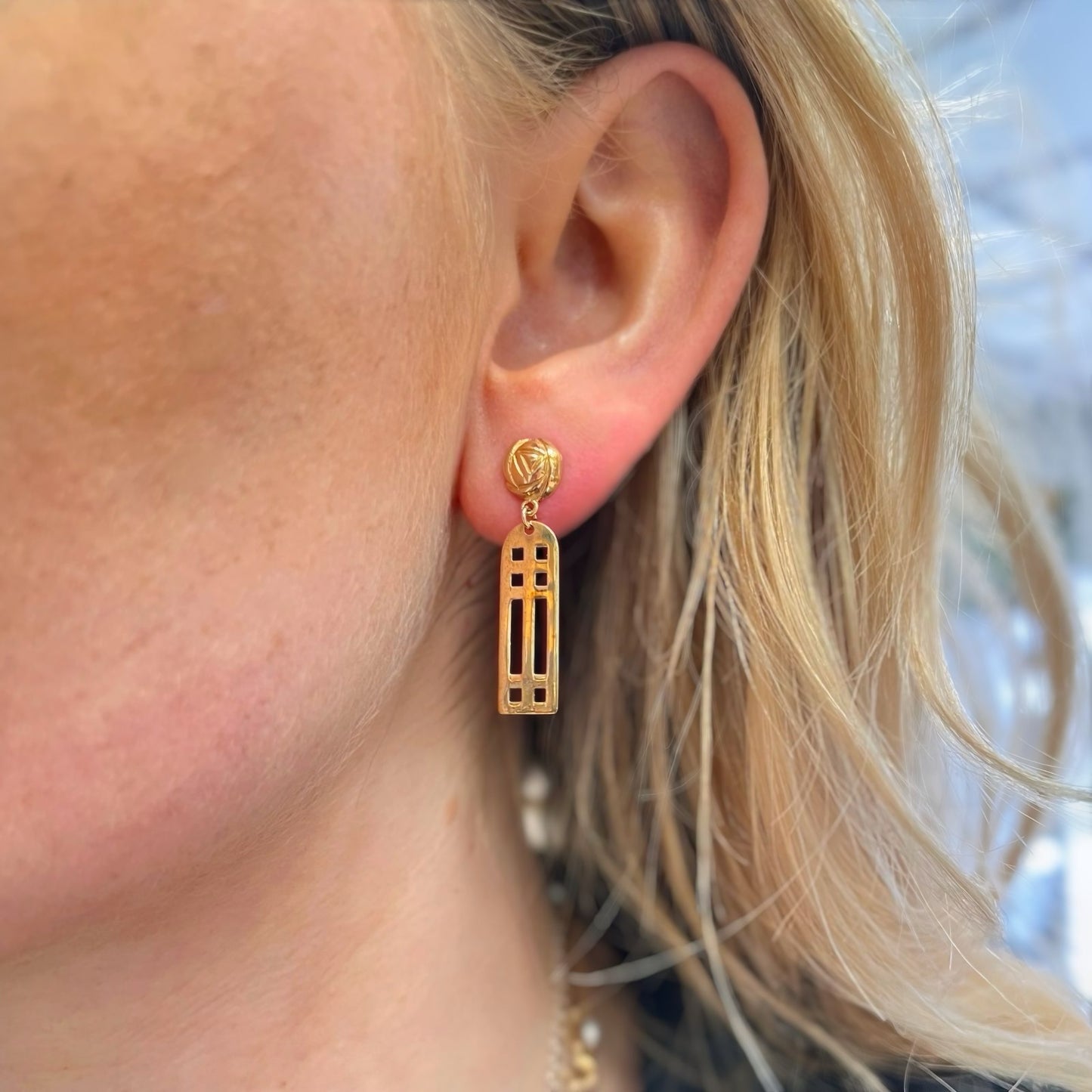 Vintage 9ct Yellow Gold Charles Rennie Mackintosh Inspired Panel Drop Earrings