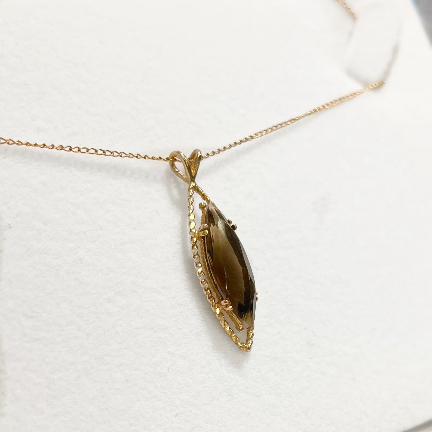 Vintage 9ct Yellow Gold Smoky Topaz Navette Shaped Necklace