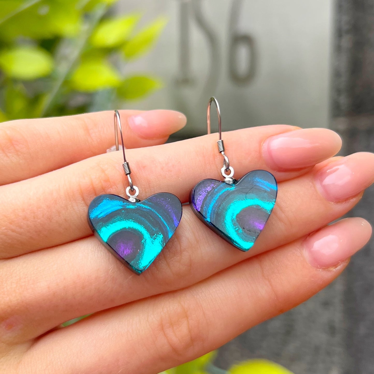 ‘Watch This Space’ Purple & Blue Love Heart Drop Earrings