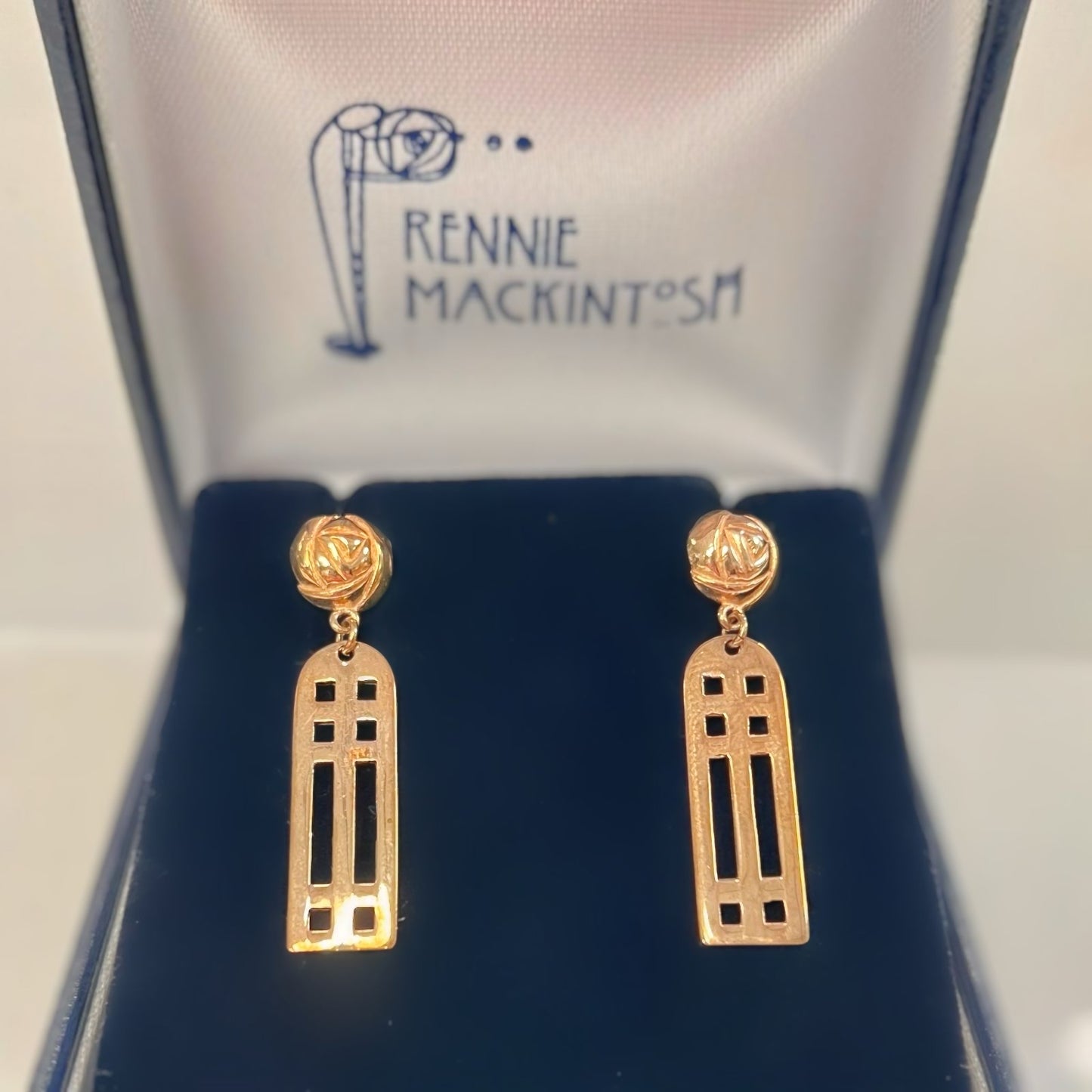 Vintage 9ct Yellow Gold Charles Rennie Mackintosh Inspired Panel Drop Earrings