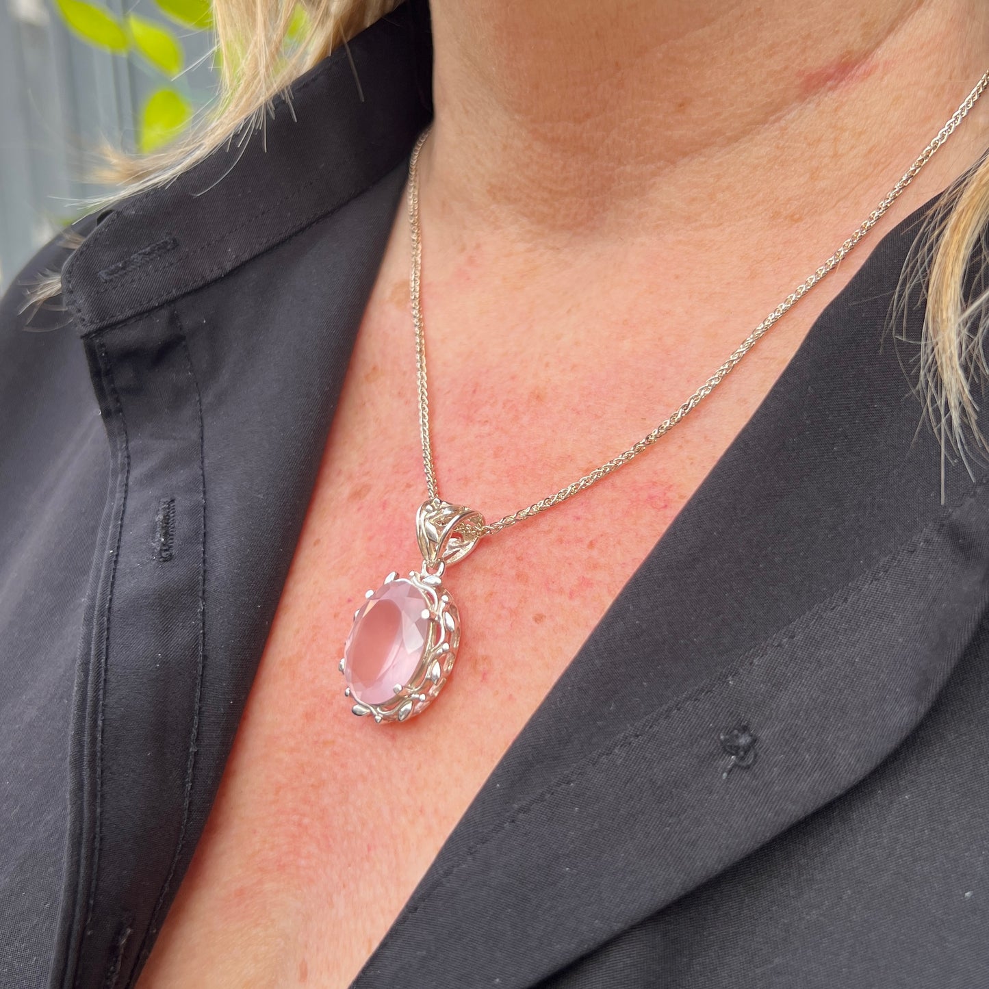 Sterling Silver Pink Rose Quartz Leaf Design Necklace