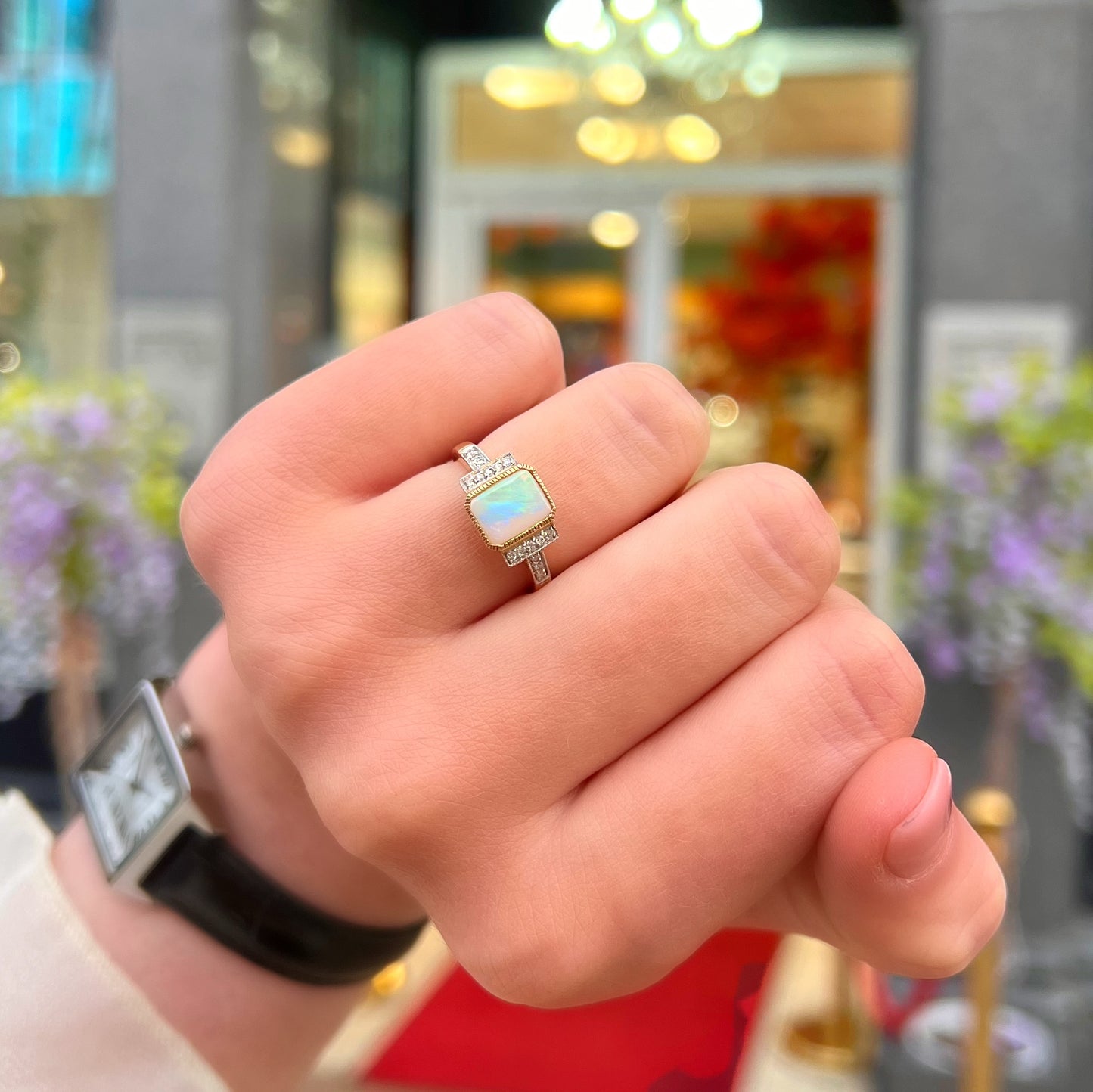The Opalina Ring - Rectangular 9ct Yellow Gold Opal and Diamond- Size K