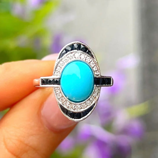 18ct Yellow Gold Turquoise, Onyx and Diamond Ring - Size O