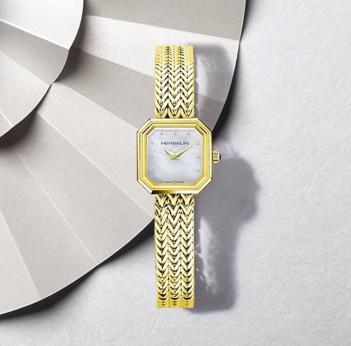 Herbelin Octogône Ladies Steel Gold Watch with Mother of Pearl White Dial