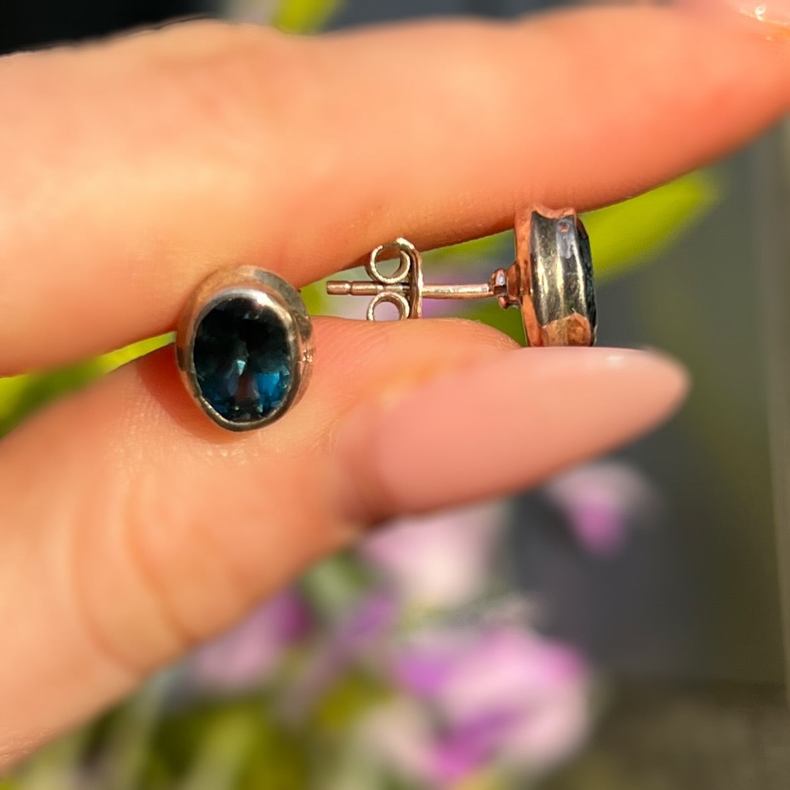 Sterling Silver Oval Cut London Blue Topaz Stud Earrings