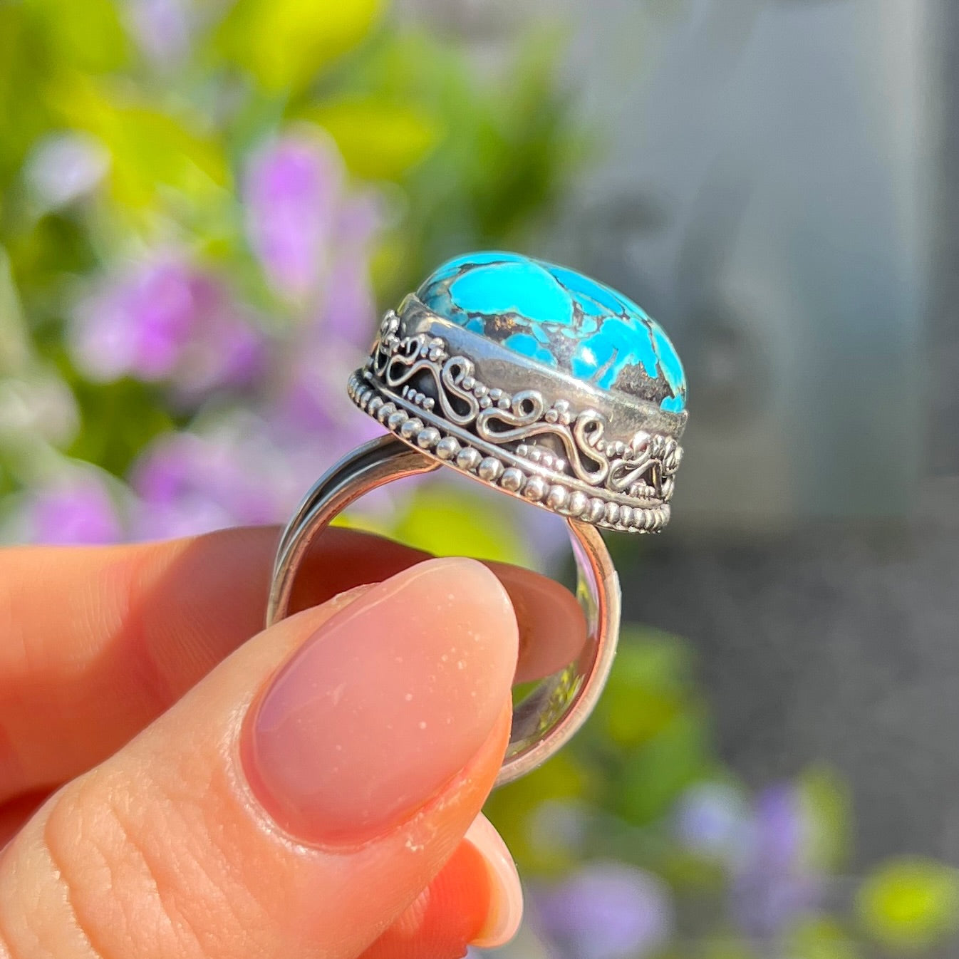 Chunky Sterling Silver Blue Turquoise Boho Ring - Size R