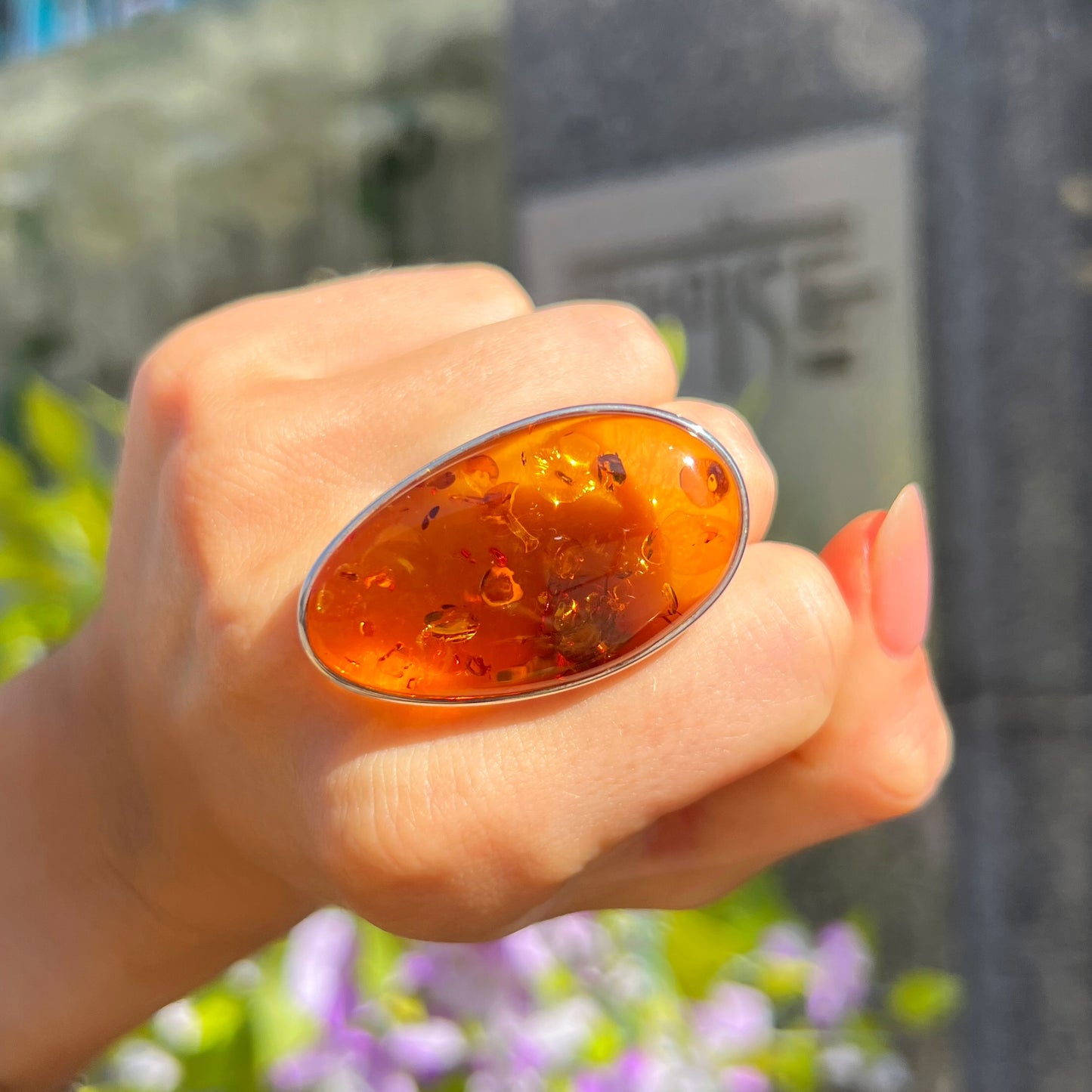 Super Chunky Sterling Silver Orange Amber Ring - Size U