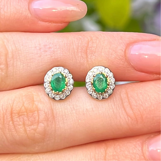 9ct Yellow Gold Green Emerald & Diamond Halo Stud Earrings
