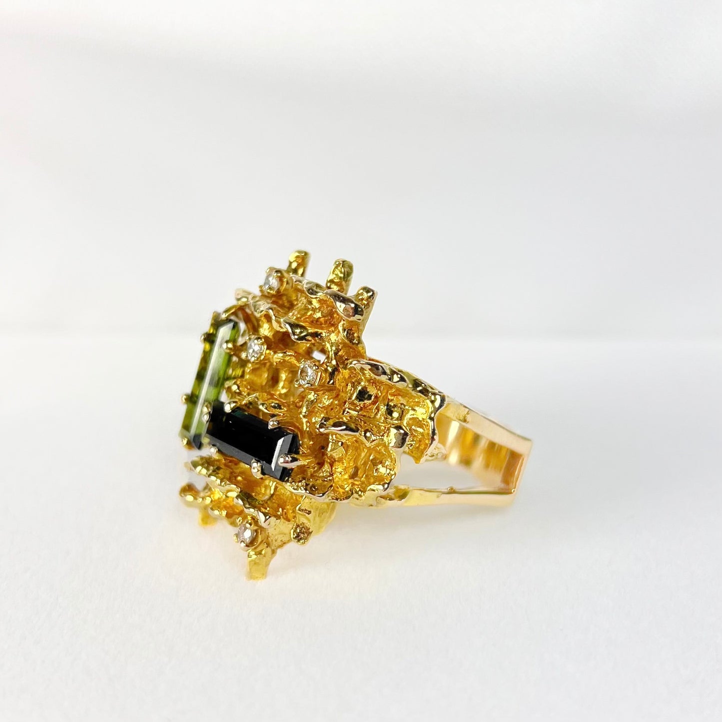 RARE Vintage 1970s Brutalist Style 9ct Yellow Gold Green Tourmaline and Diamond Dress Ring - Size R