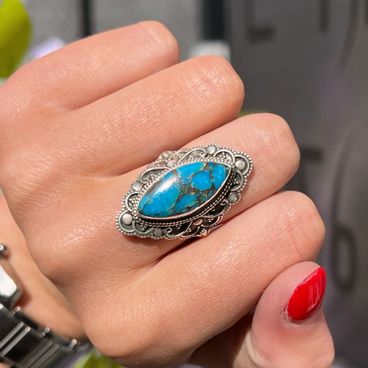 Statement Bohemian Inspired Sterling Silver Marquise Turquoise Ring - Size N ½