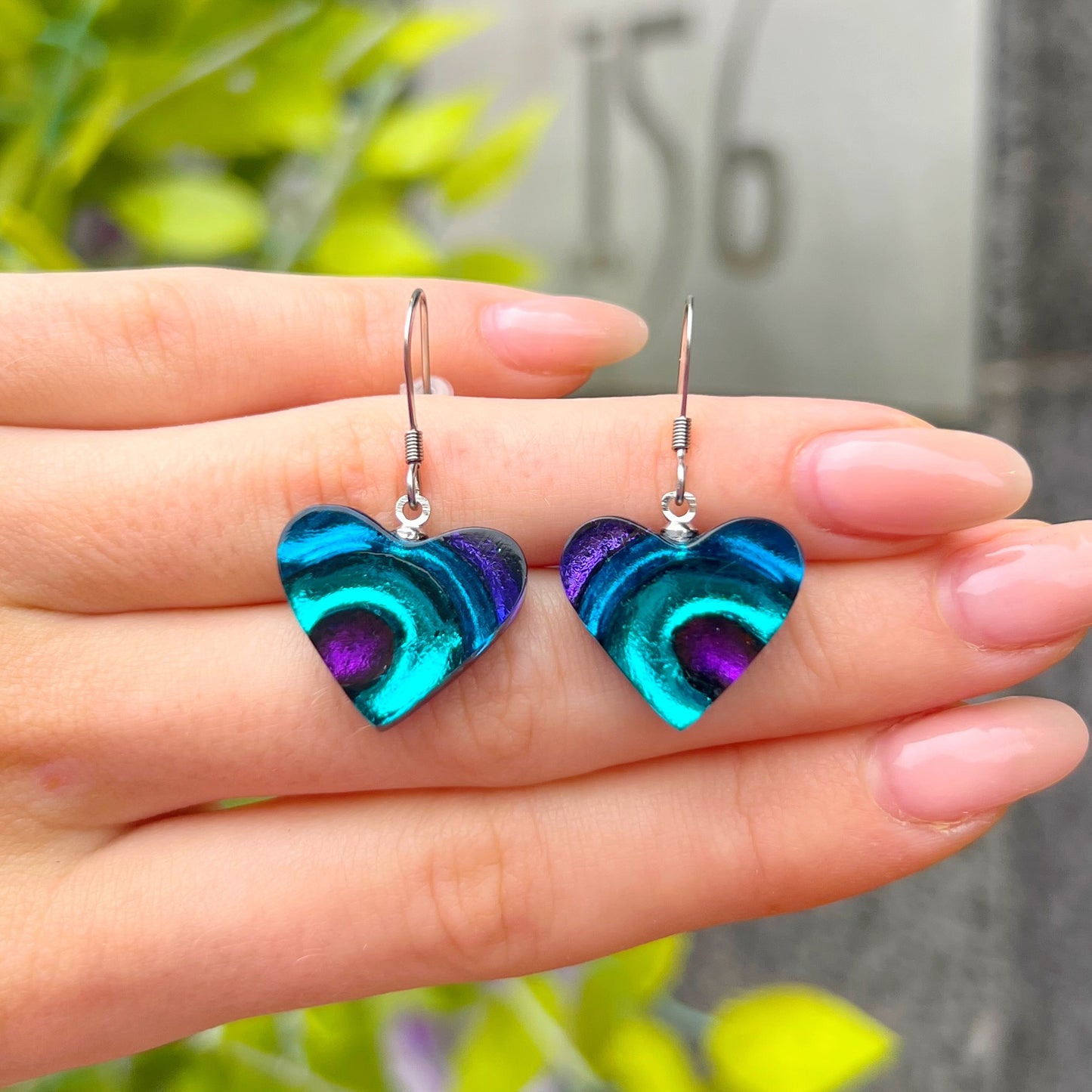 ‘Watch This Space’ Purple & Blue Love Heart Drop Earrings