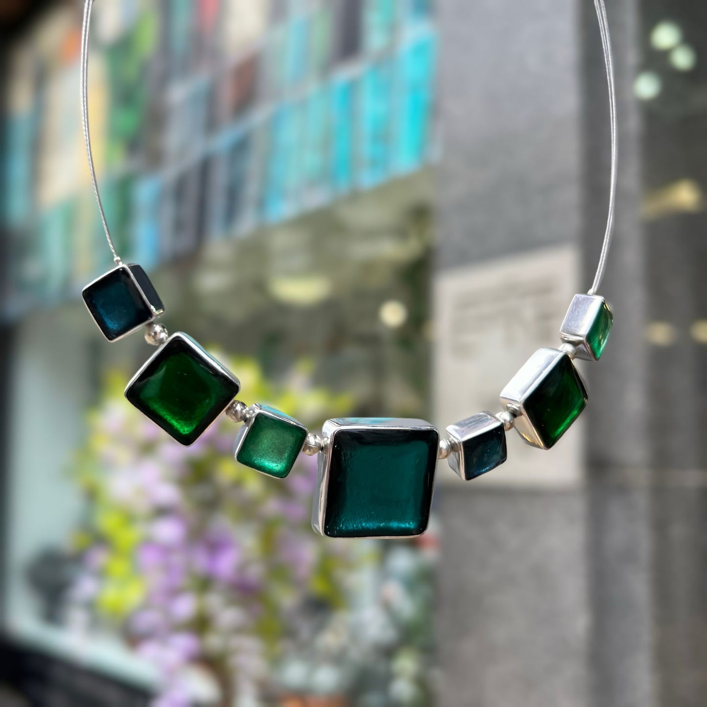 ‘Watch This Space’ Blue & Green Square Necklace