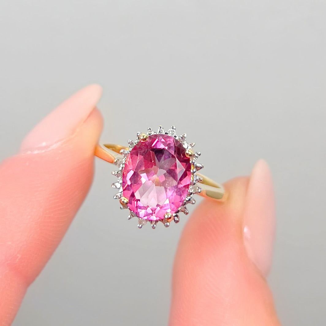 Vintage 9ct Yellow Gold Pink Topaz and Diamond Halo Dress Ring - Size J ½