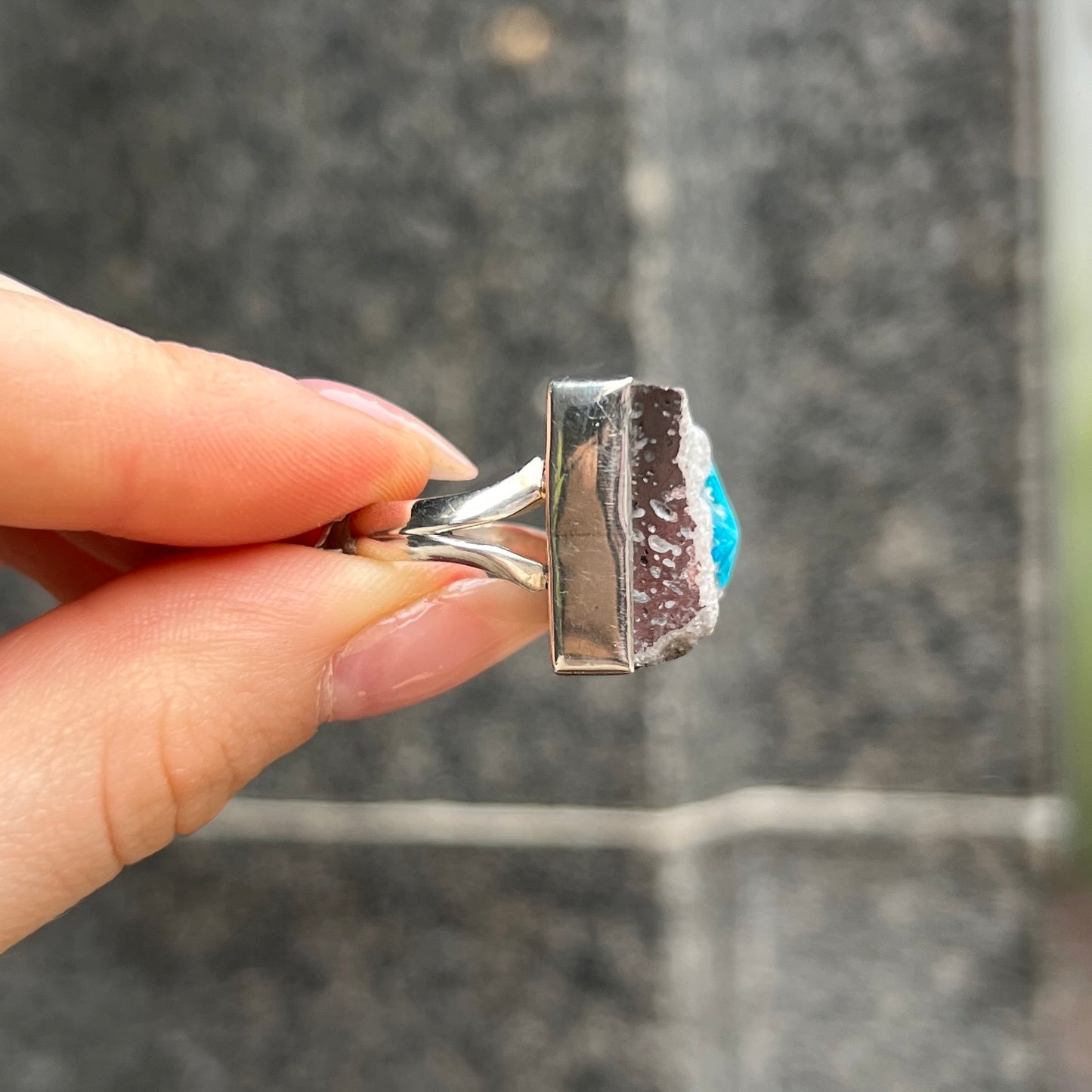 Chunky Grey & Blue K2 Jasper Square Sterling Silver Ring - Size i