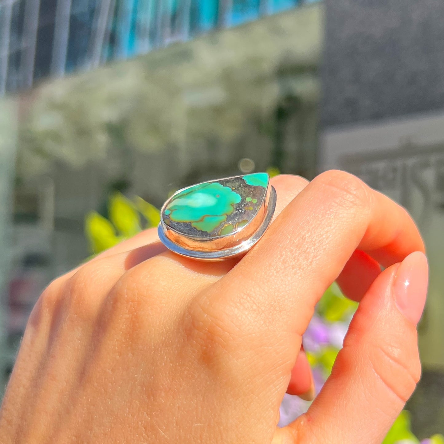 Statement Sterling Silver Pear Cut Green Turquoise Ring - Size O