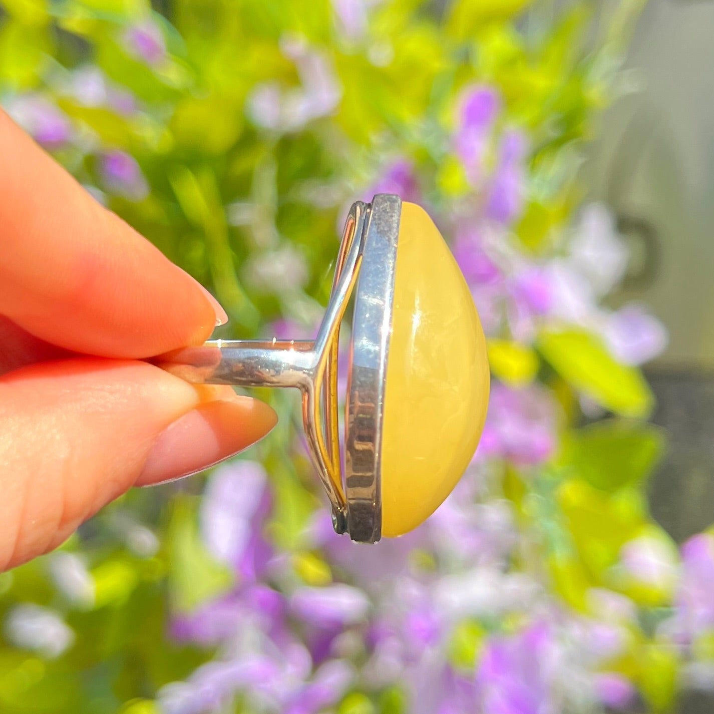 Chunky Sterling Silver Yellow Butterscotch Amber Ring - Size T